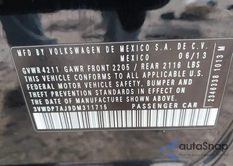 2013 Volkswagen Jetta 2.5L Se from USA, damaged, VIN 3VWDP7AJ9DM311715